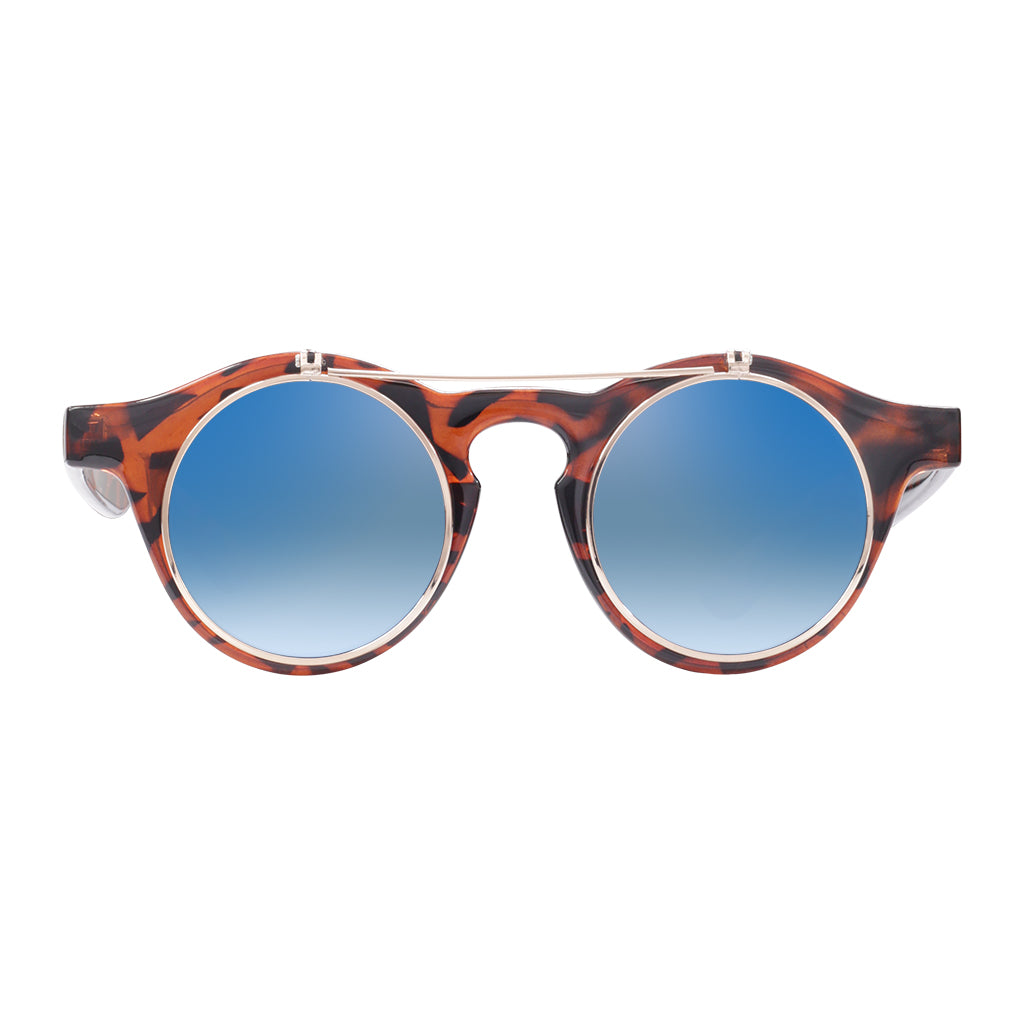 Robin Ruth Cha Cha Sunglasses with brown frames and blue lenses