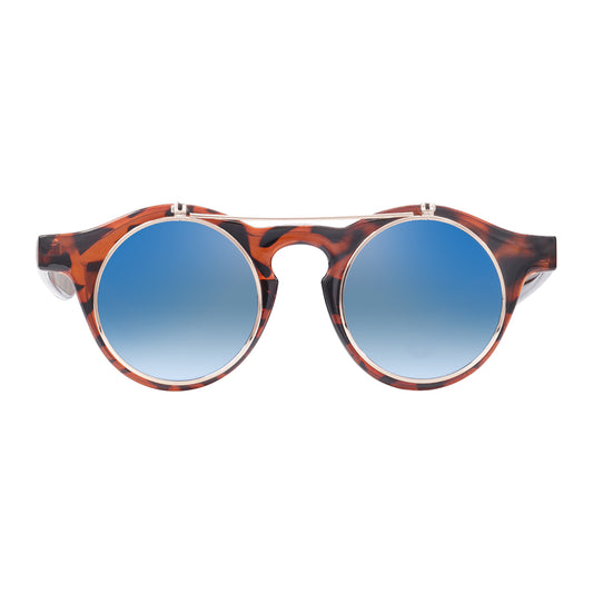 Robin Ruth Cha Cha Sunglasses with brown frames and blue lenses