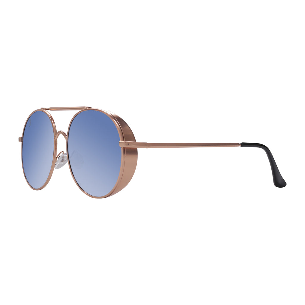 Gold framed blue lens Blies Sunglasses in profile