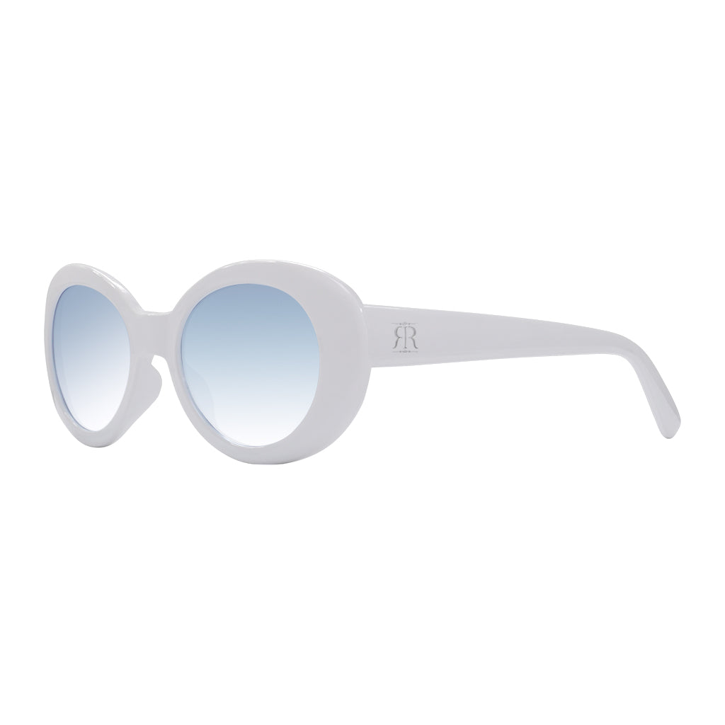 Profile view of Eggshell Savanah Shades with blue lenses